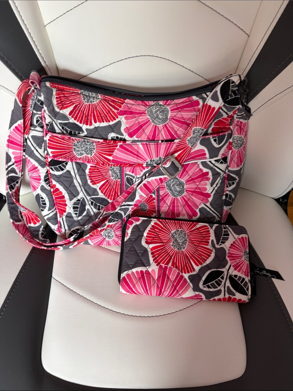 Vera Bradley Pink and Red Floral Quilted Crossbody with Matching Wristlet
